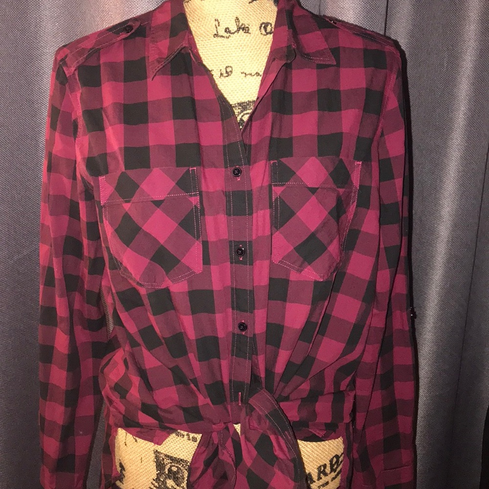 Express Long Sleeve Plaid Boyfriend Button Down Blouse